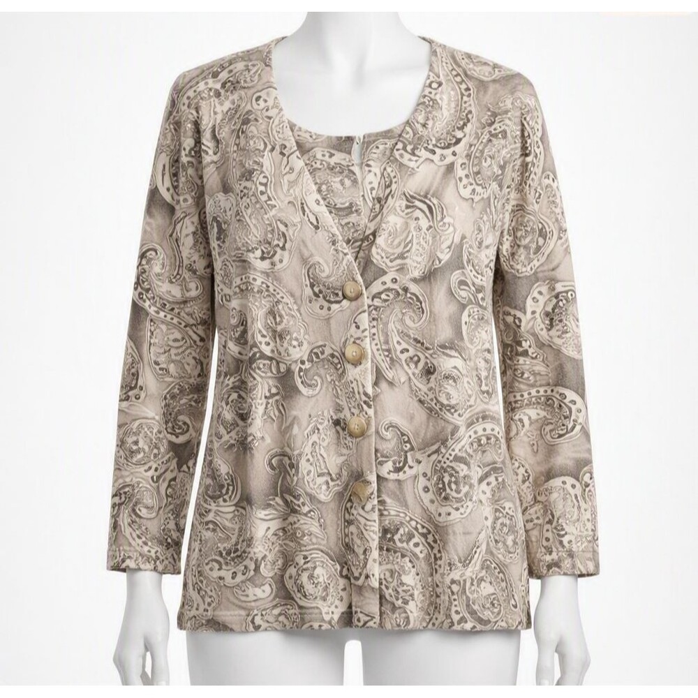 Judith Hart 2-Pc Cardigan w/Tank Womens 1X Paisley Beige/Brown Old Money Y2K